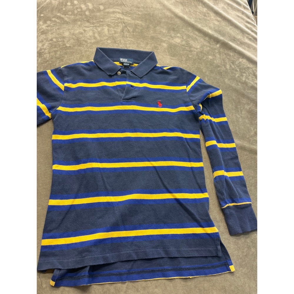 Polo Ralph Lauren Boys Navy Blue Yellow Striped Long Sleeve Rugby Shirt M 12-14